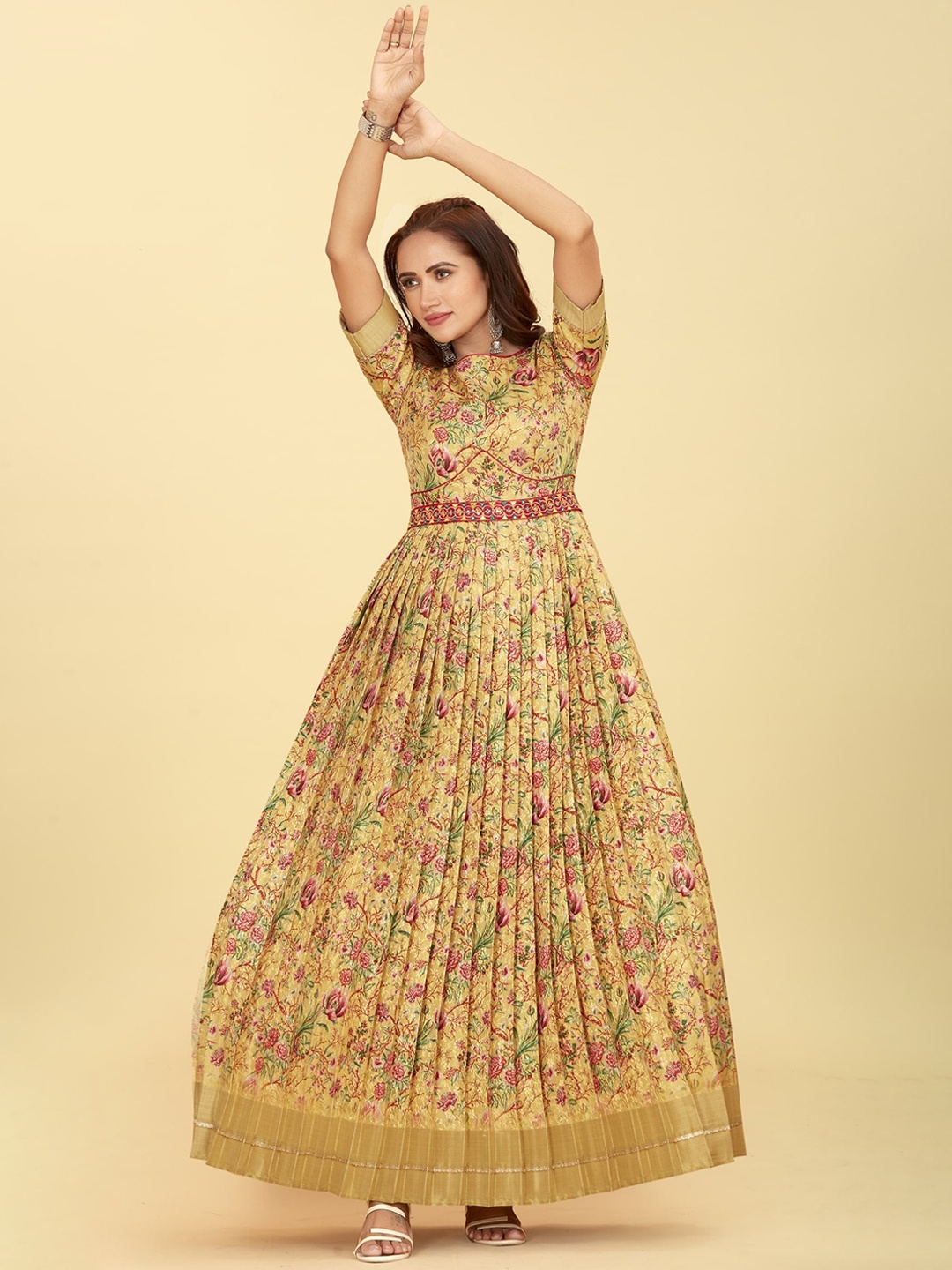 

CHANSI Floral Printed Silk Flared Ethnic Dresses Comes with a belt, Yellow