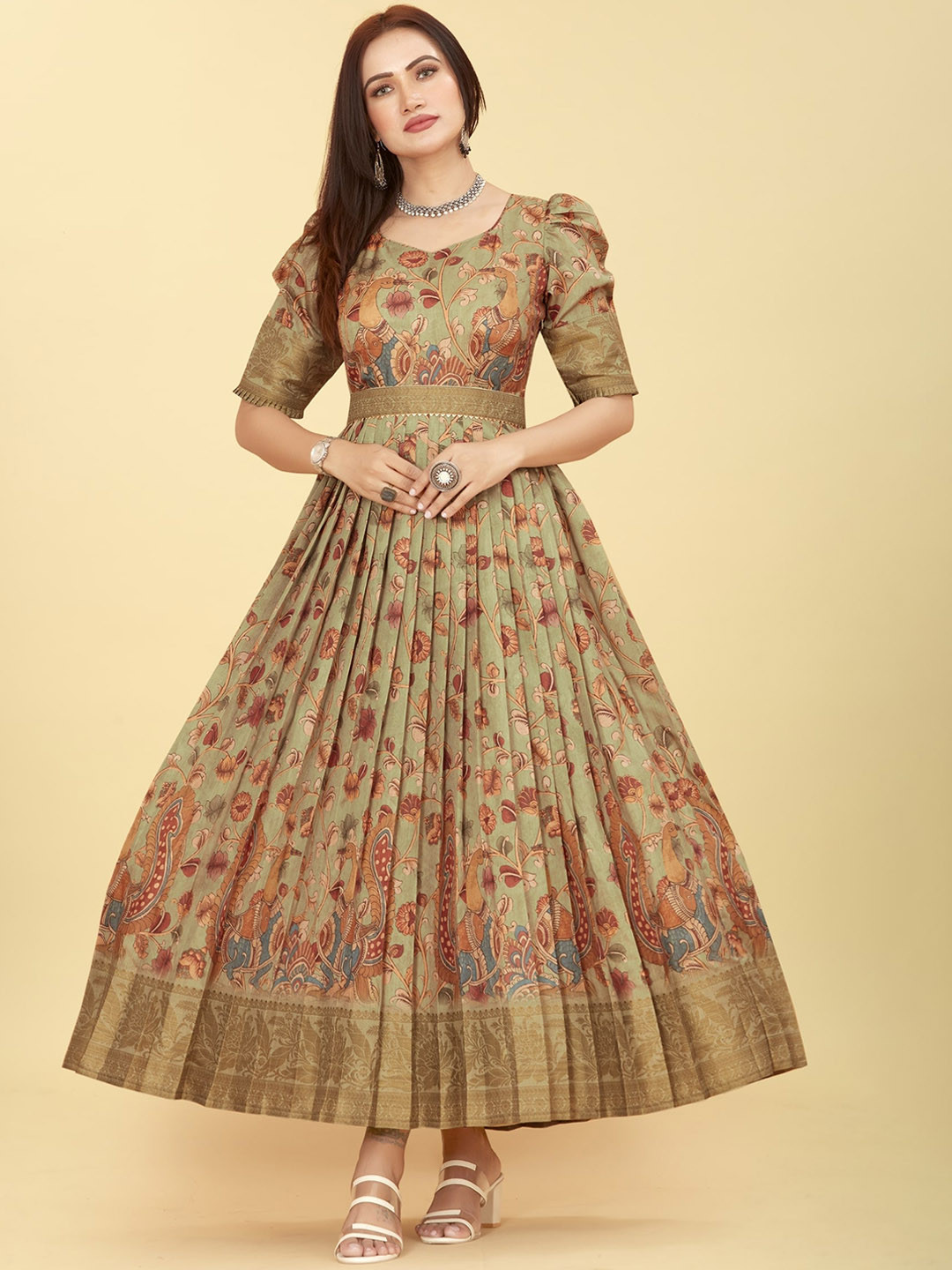 

CHANSI Floral Printed Fit & Flare Silk Ethnic Dress, Green