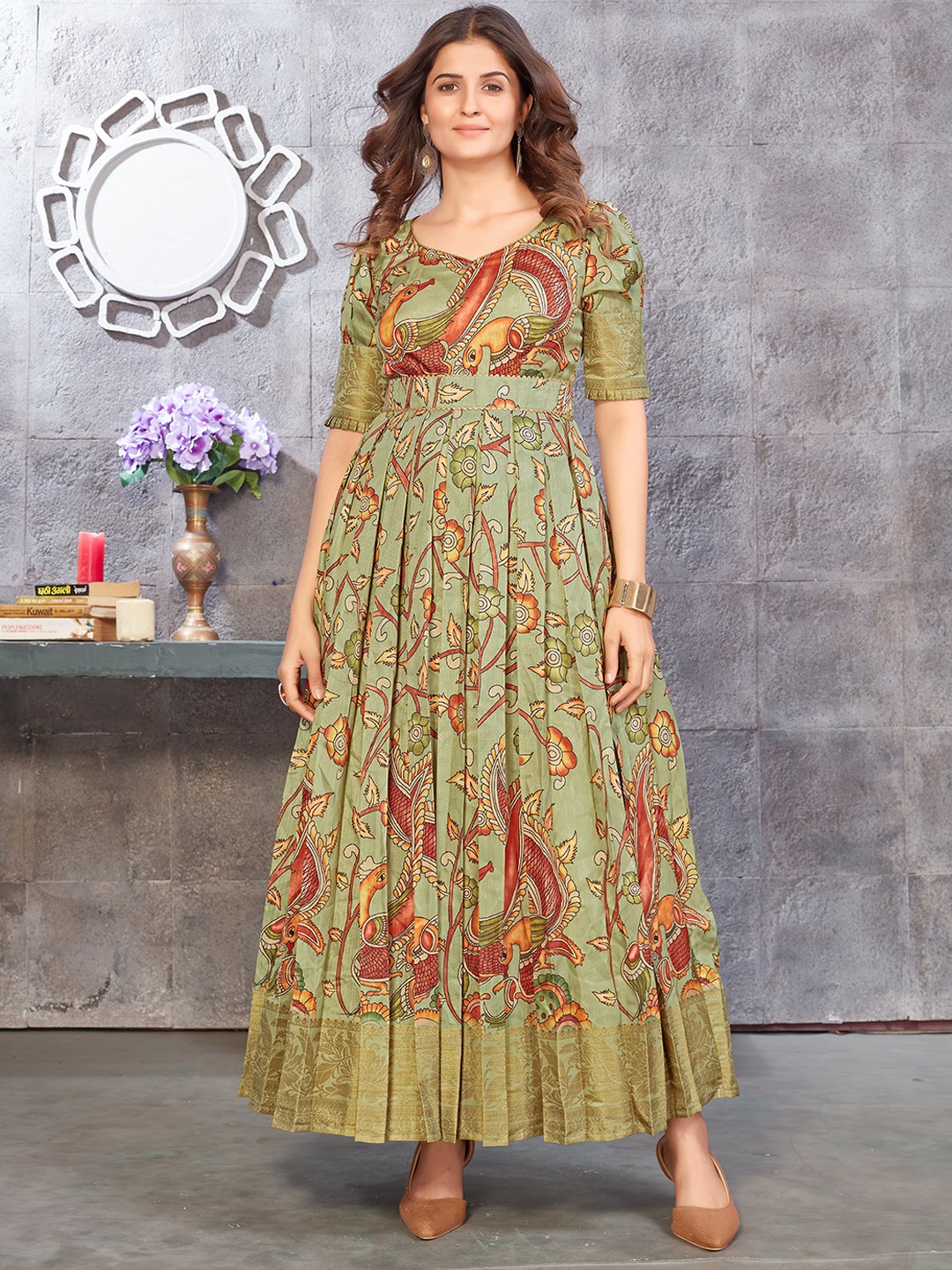 

CHANSI Ethnic Motifs Printed Silk Ethnic Dress, Green