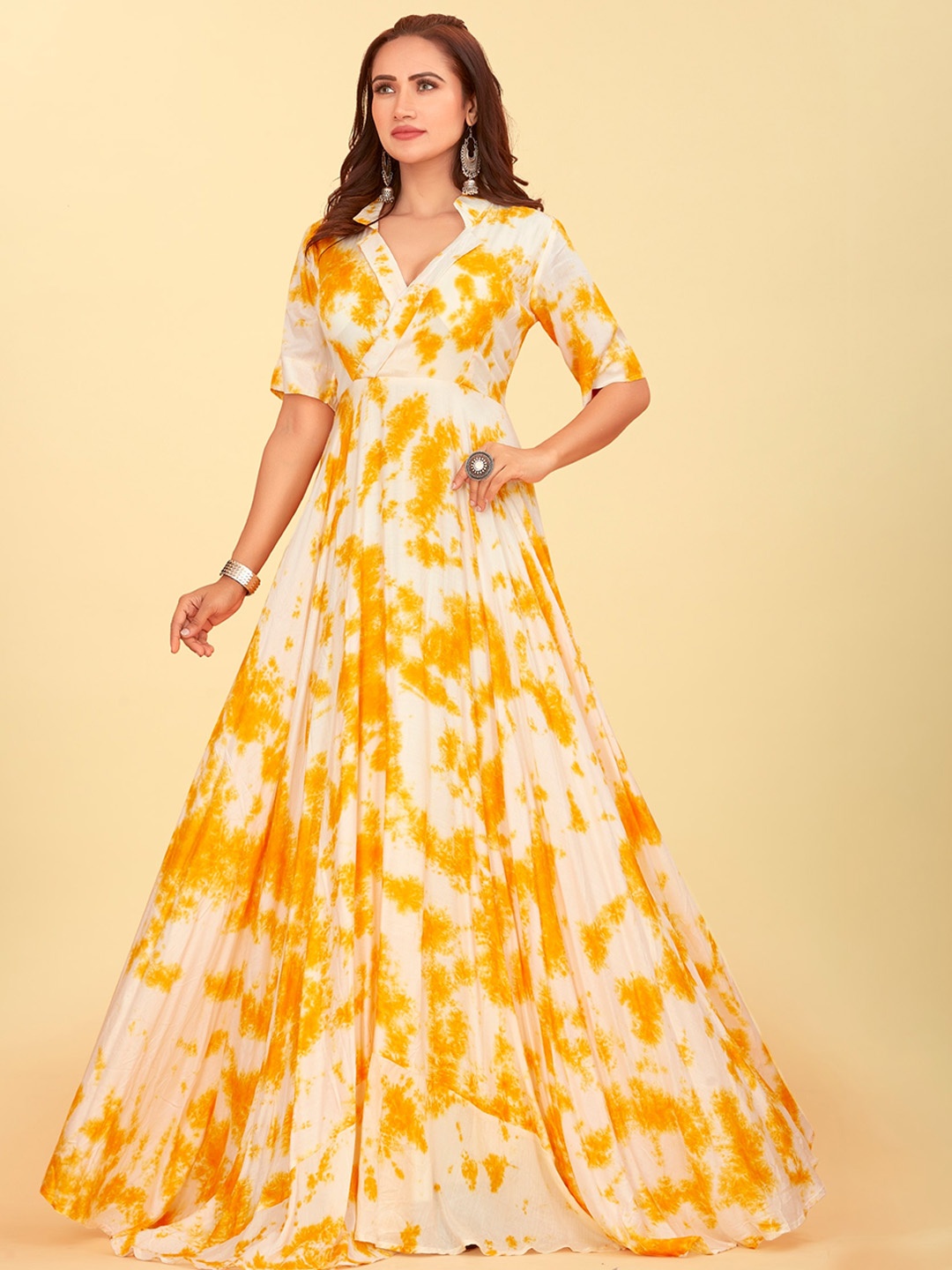 

CHANSI Tie & Die Printed Gown Ethnic Dress Comes with a belt, Yellow