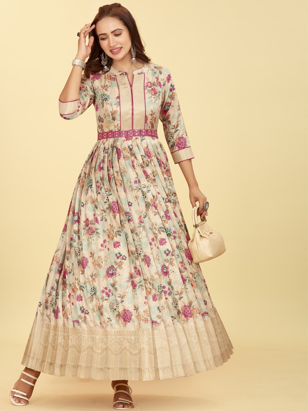 

CHANSI Printed Flared Maxi Ethnic Dress Comes with a belt, Cream