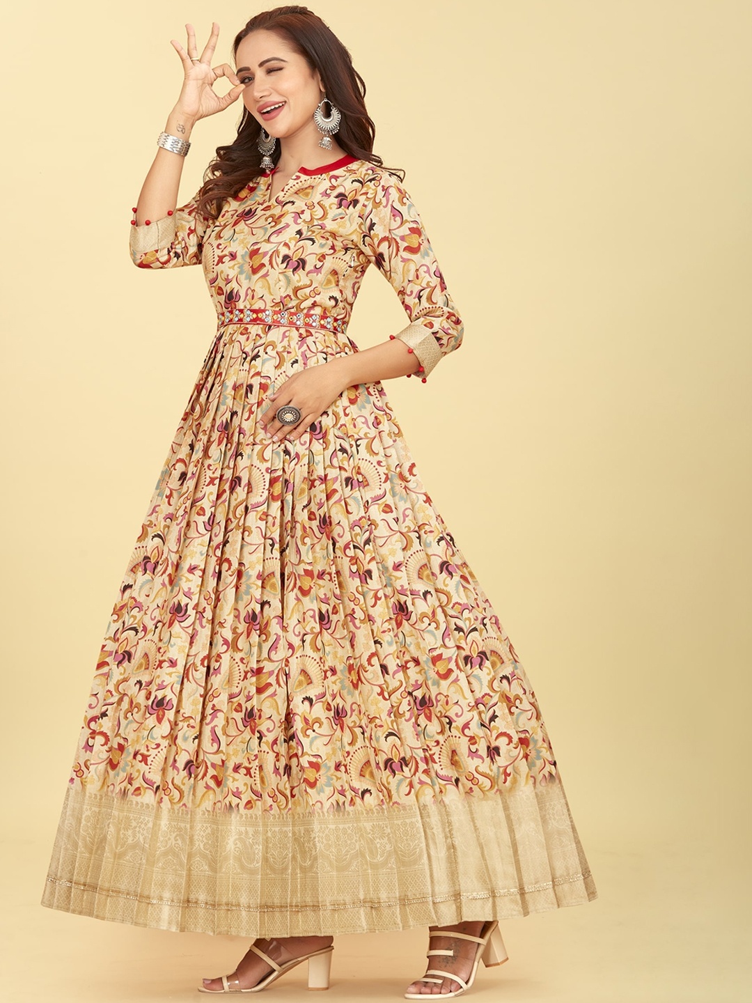 

CHANSI Floral Printed Silk Flared Ethnic Dress Comes with a belt, Cream