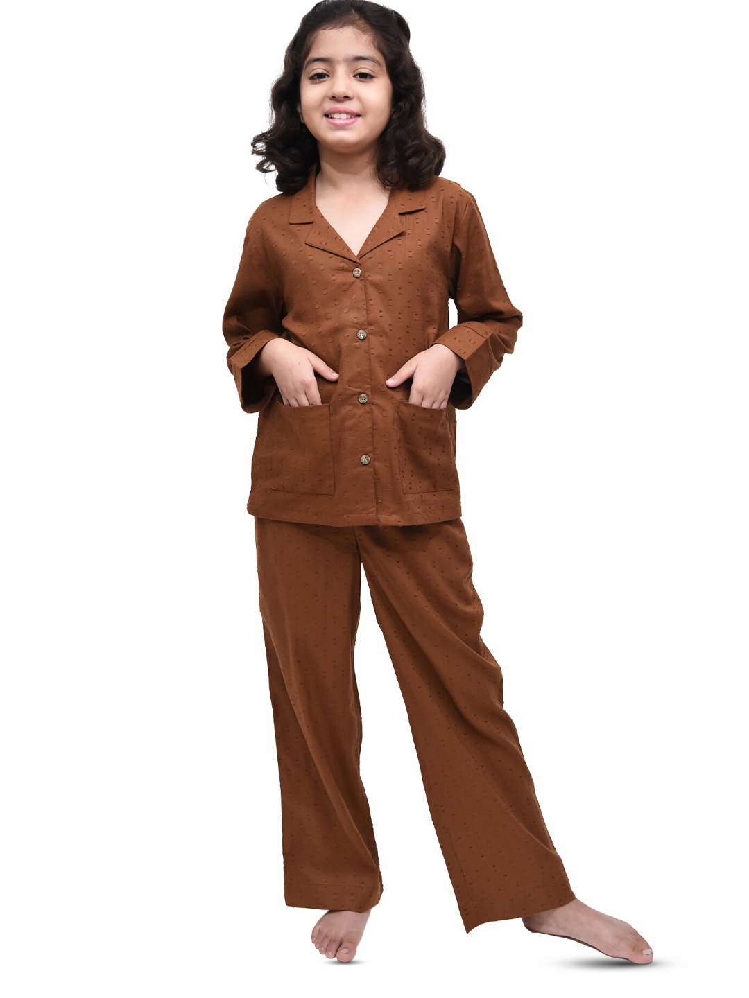 

BAESD Girls Lapel Collar Pure Cotton Night suit, Coffee brown