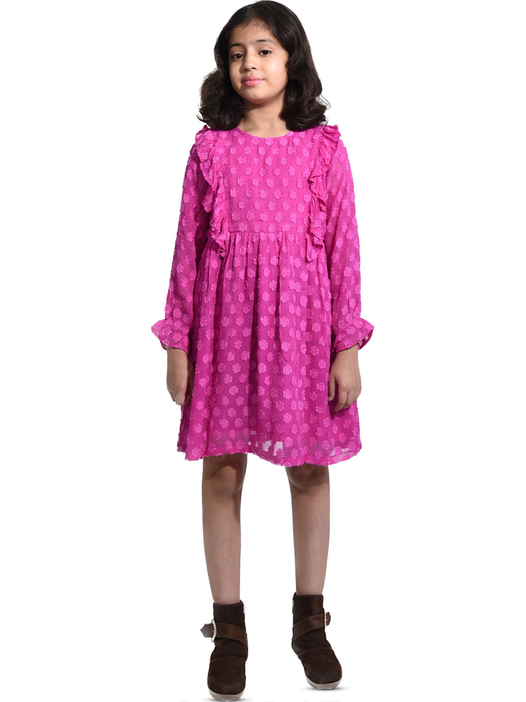

BAESD Girls Self Design Ruffles Georgette Fit and Flare Dress, Pink