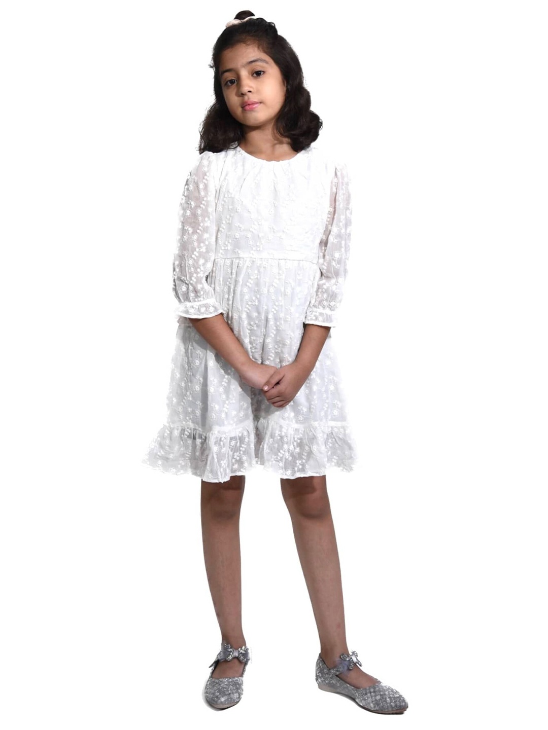 

BAESD Girls Self Design A Line Dress, White