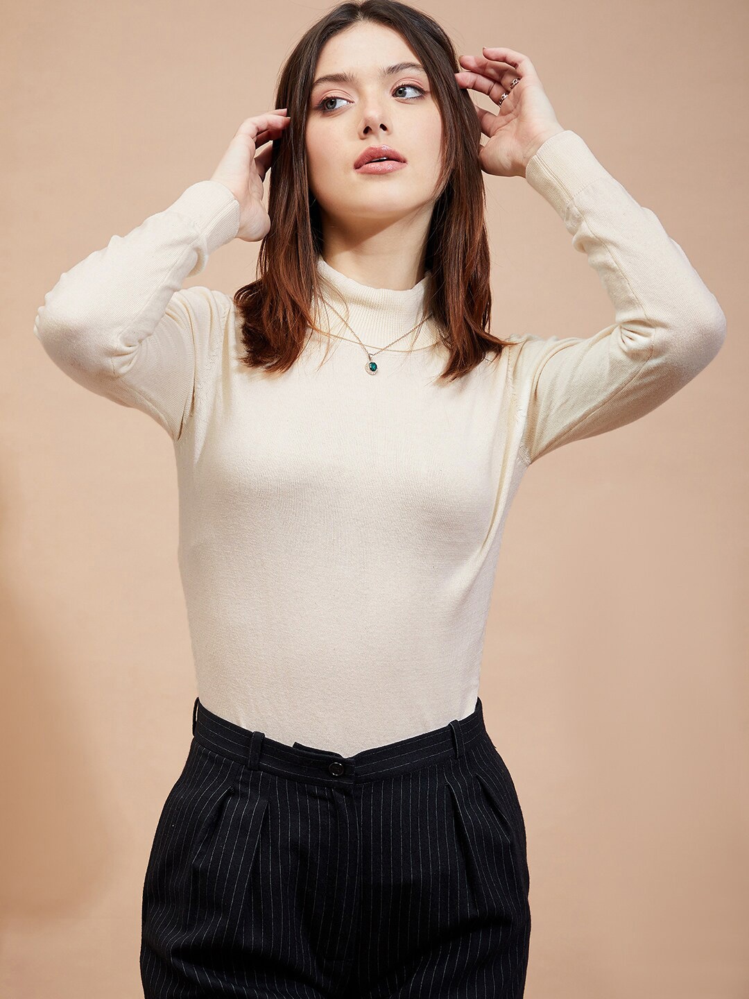 

HILL STREET Turtle Neck Long Sleeves Cotton Pullover, Cream