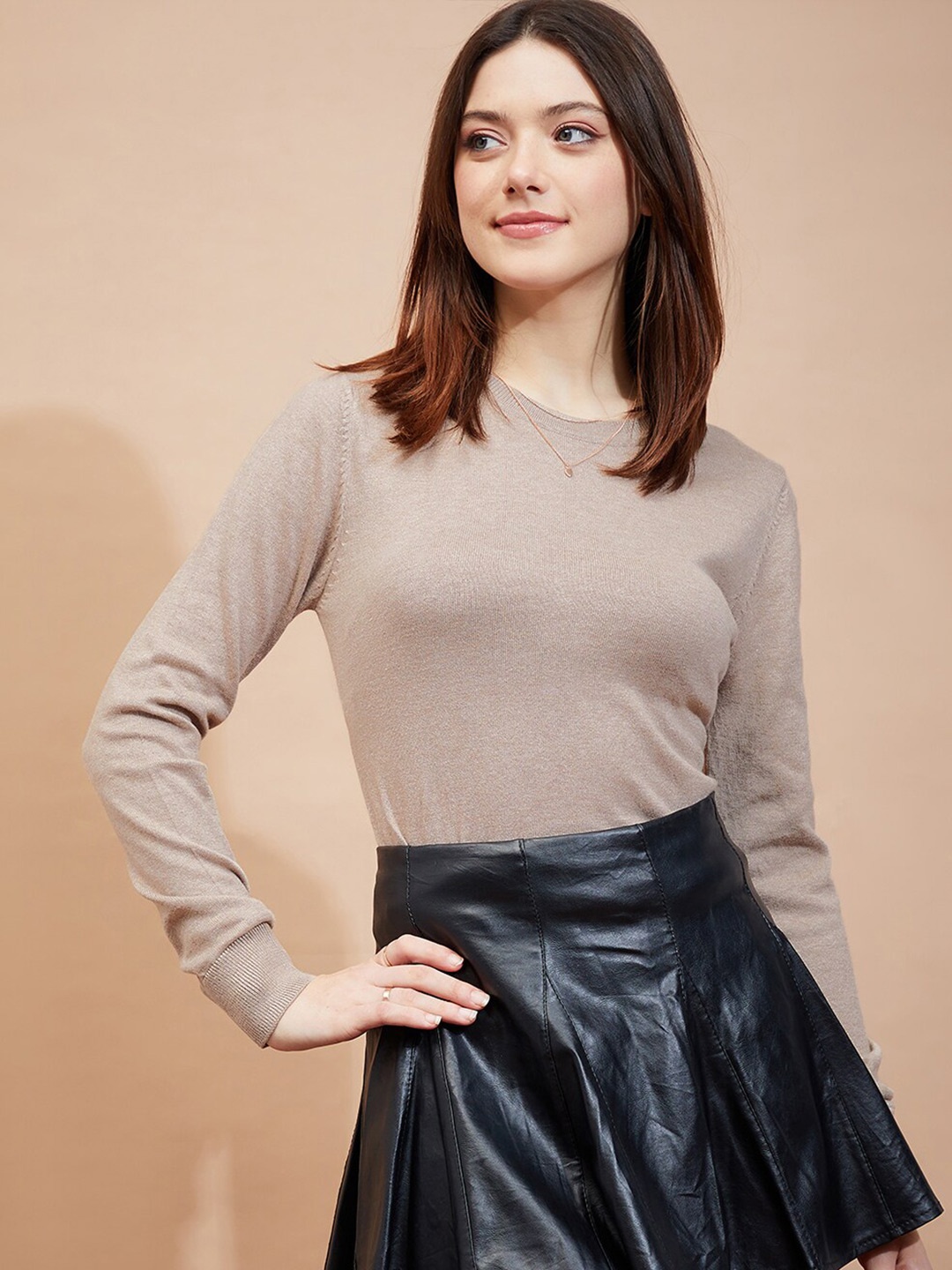 

HILL STREET Round Neck Long Sleeves Cotton Wool Pullover Sweater, Beige