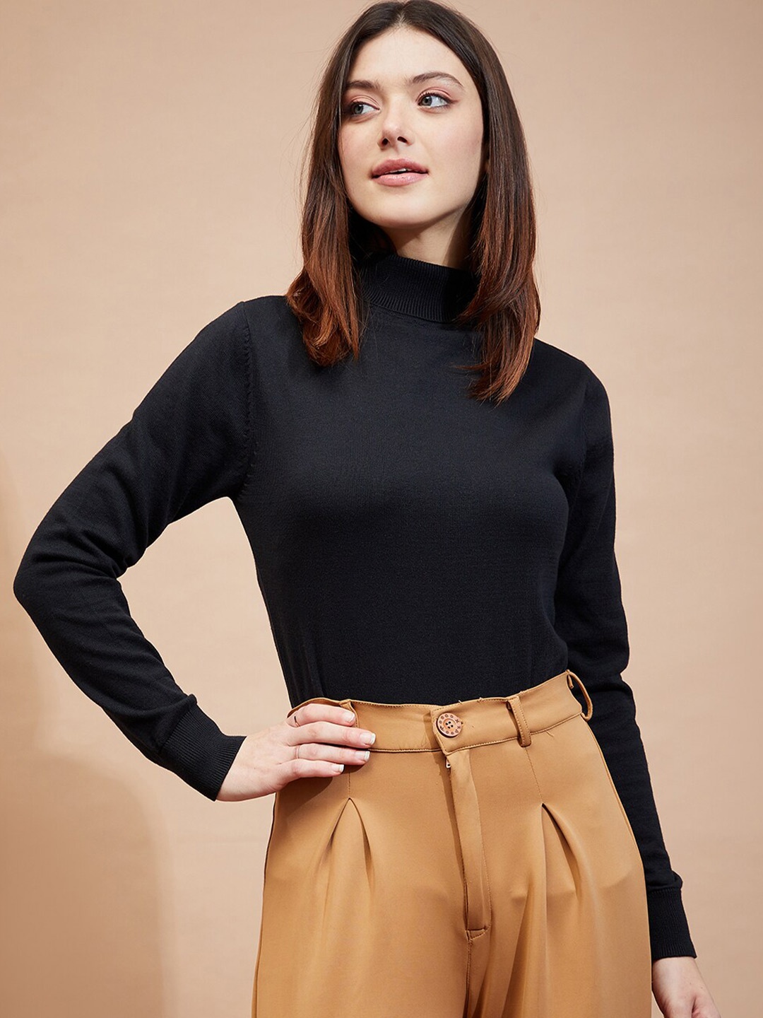 

HILL STREET Turtle Neck Long Sleeves Cotton Wool Pullover Sweater, Black