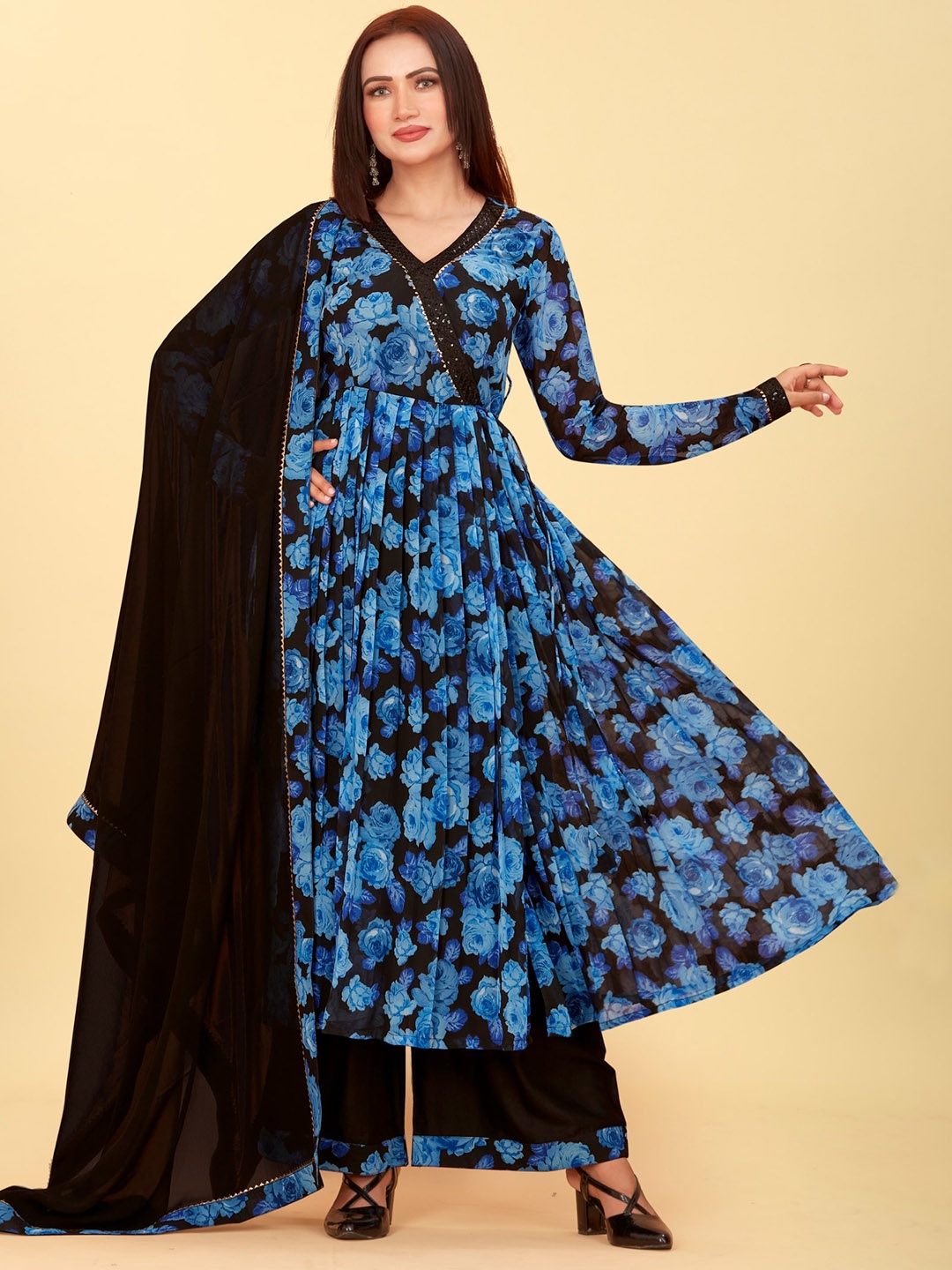 

CHANSI Floral Printed Gotta Patti Anarkali Angrakha Kurta with Palazzos & Dupatta, Blue