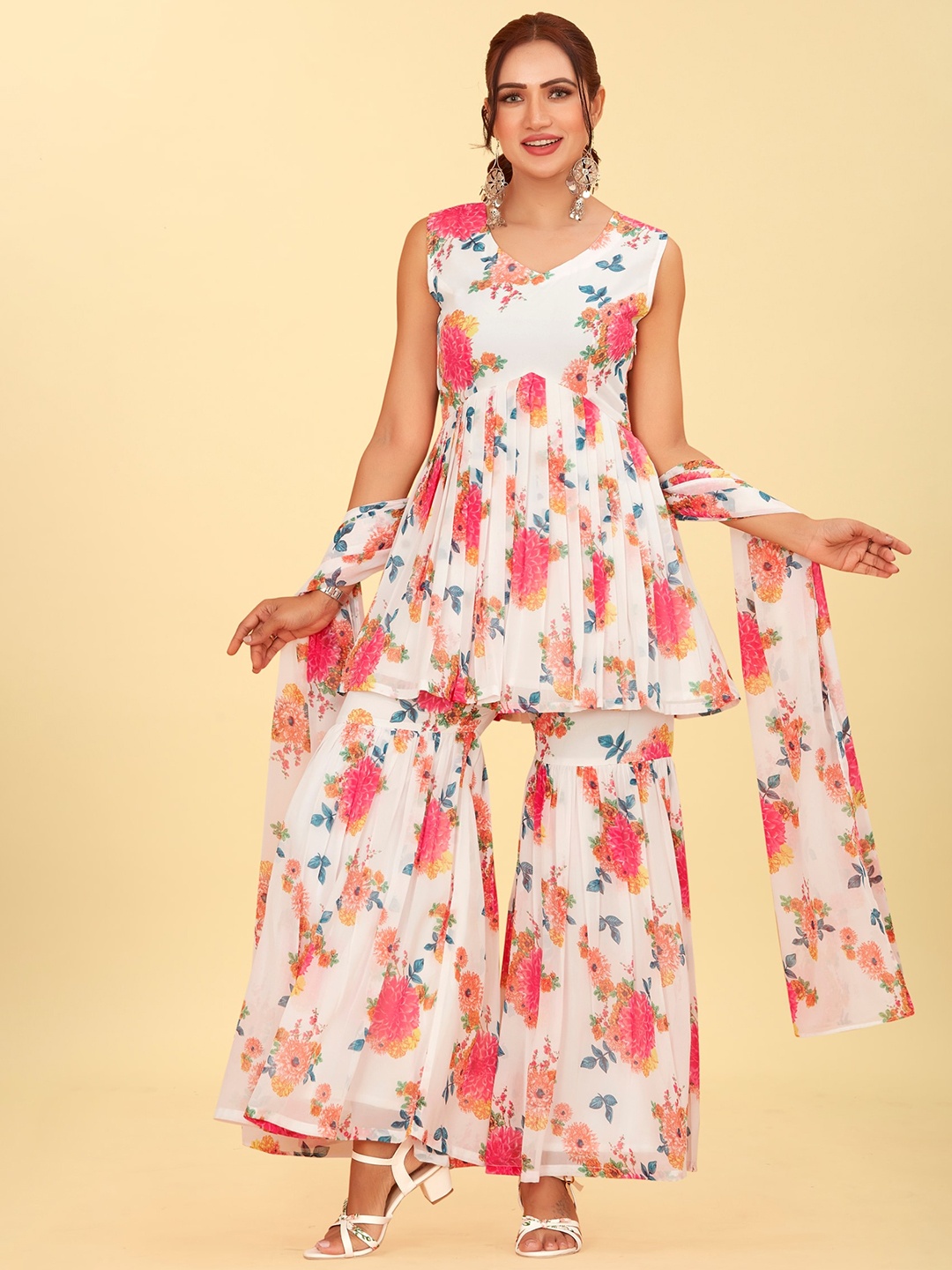 

CHANSI Floral Printed A-Line Kurta with Sharara & With Dupatta, White