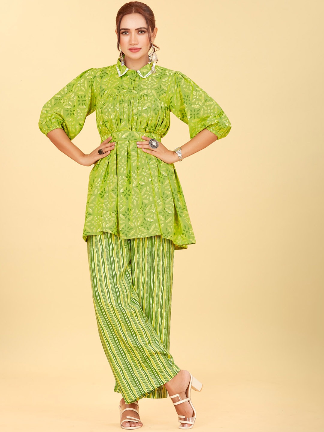 

CHANSI Floral Printed Shirt Collar Ethnic Tunic & Trousers, Green