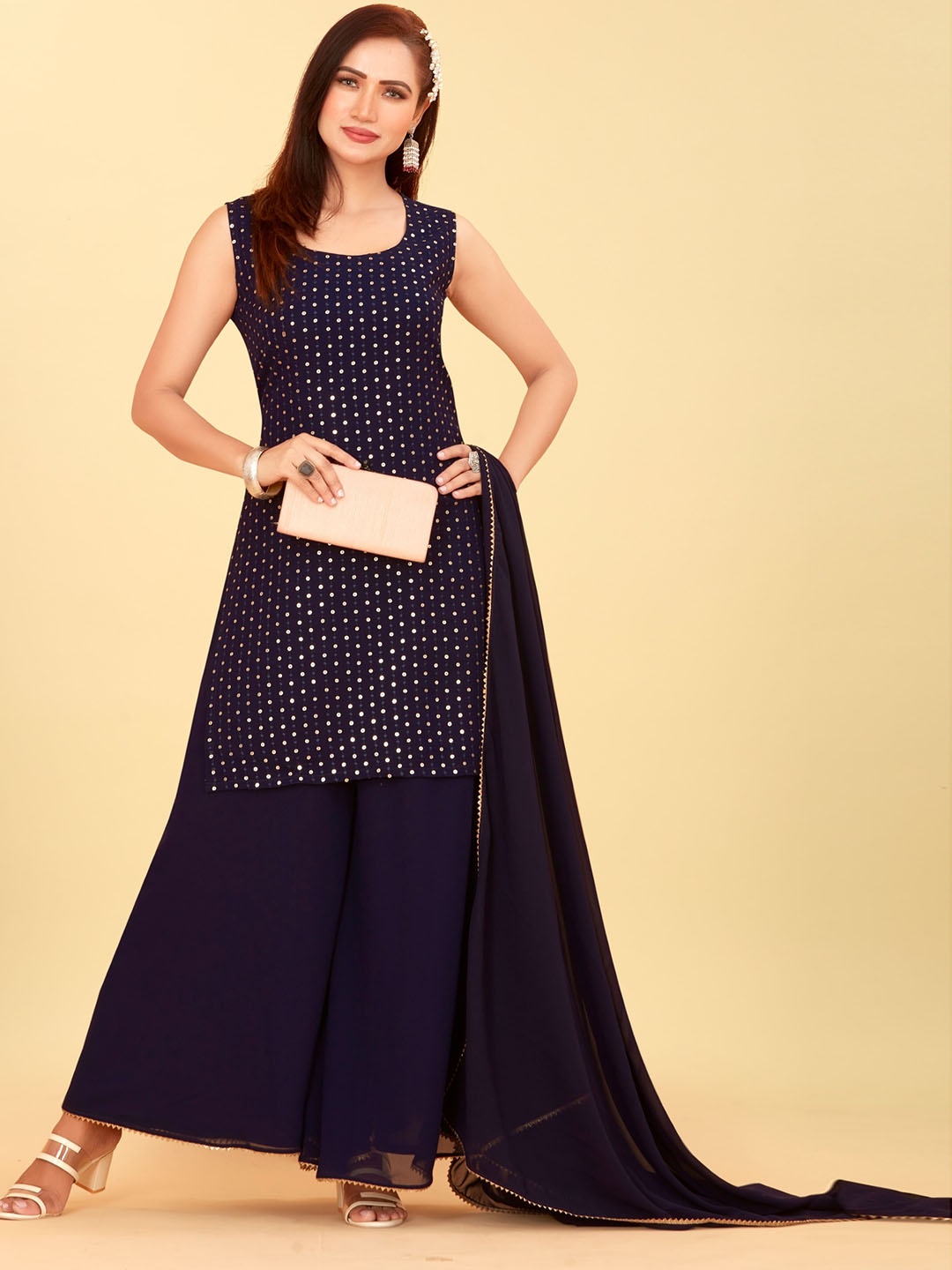 

CHANSI Geometric Embroidered Sequinned Detailed Straight Kurta & Palazzo With Dupatta, Navy blue