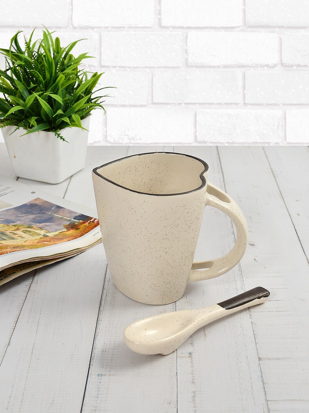 

CLIO'S HERITAGE STORE Ceramic Coffee Mug With Attached Spoon, Cream