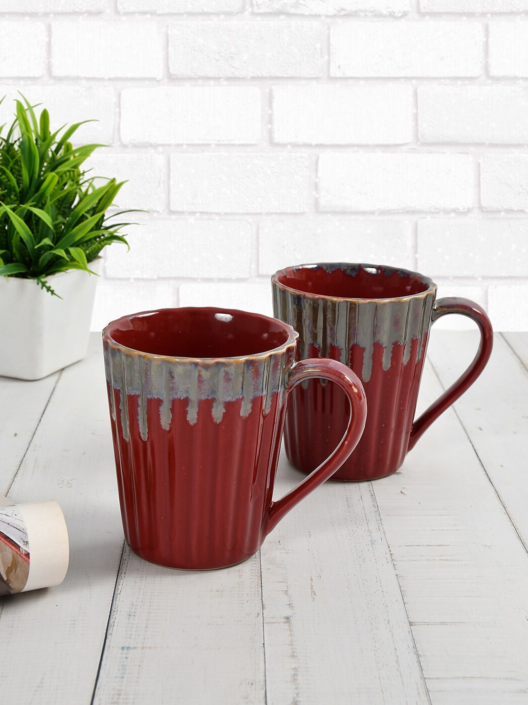 

CLIO'S HERITAGE STORE 2 Pcs Maroon & Grey Textured Ceramic Coffee Mugs - 300 ML Each