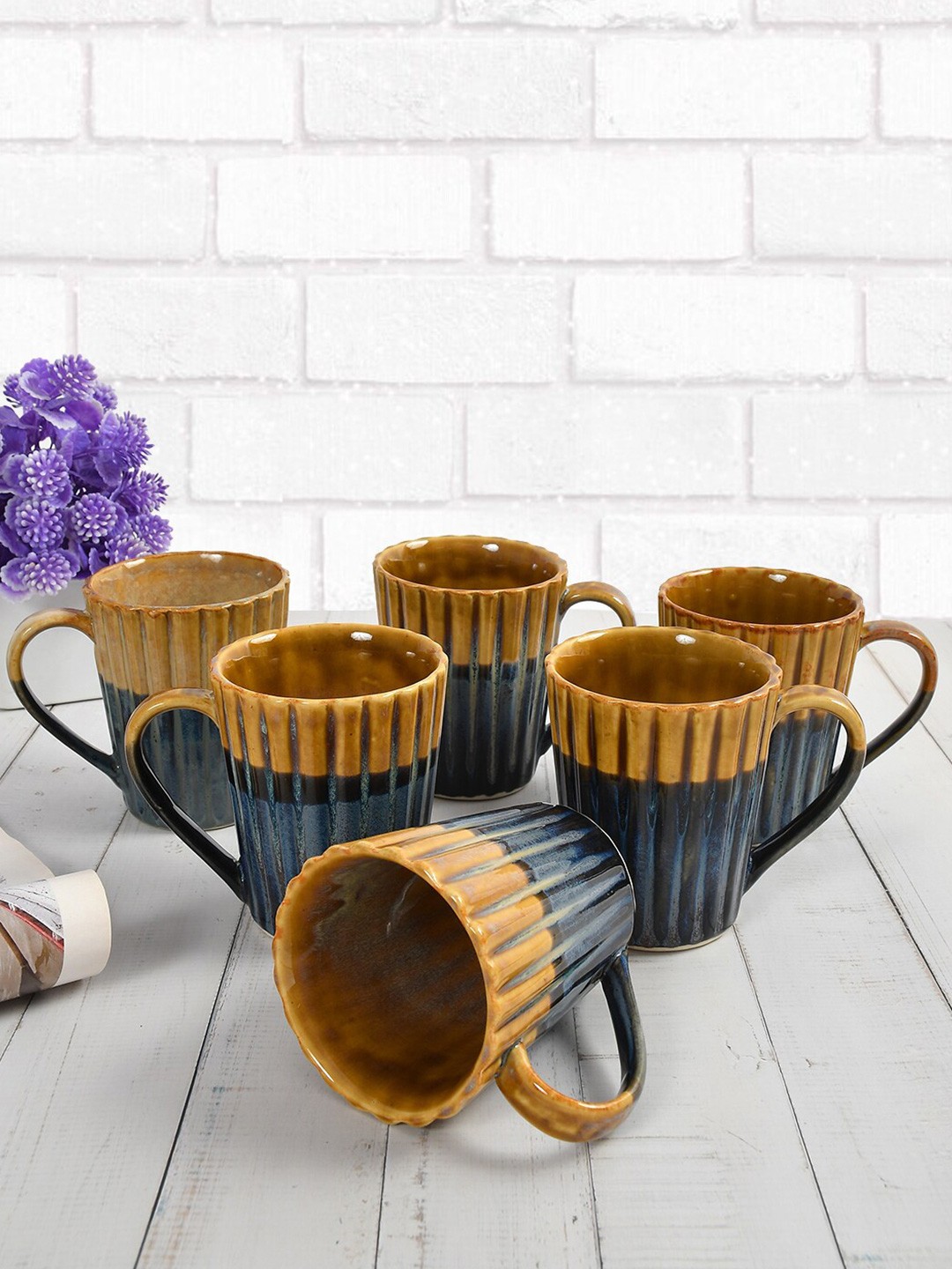 

CLIO'S HERITAGE STORE Blue & Beige 6 Pieces Ceramic Glossy Mugs 150 ml Each
