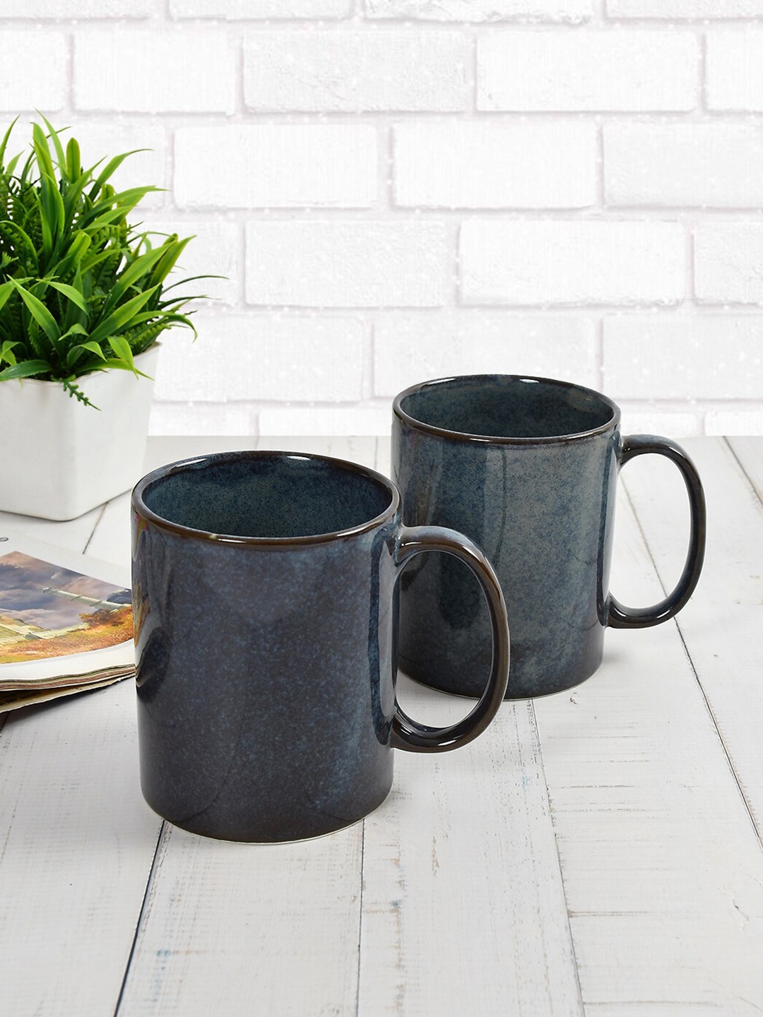 

CLIO'S HERITAGE STORE 2 Pcs Blue Textured Ceramic Coffee Mugs - 300 ML Each