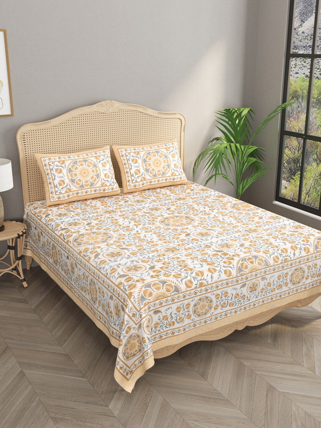 

Gulaab Jaipur Yellow Floral Egyptian Cotton 600 TC King Bedsheet with 2 Pillow Covers, White