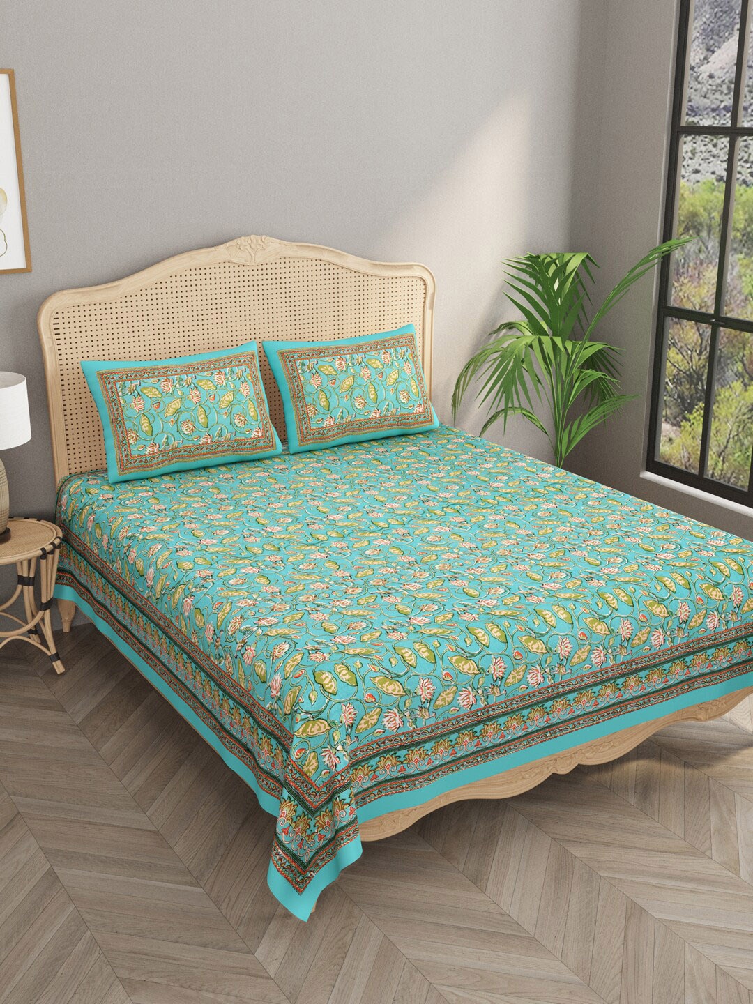 

Gulaab Jaipur Blue Floral Egyptian Cotton 600 TC King Bedsheet with 2 Pillow Covers