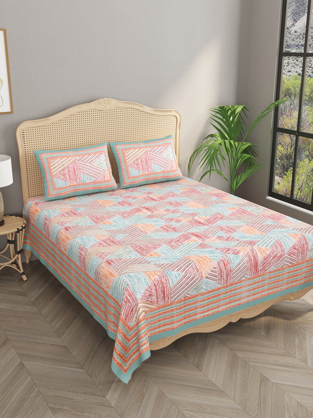 

Gulaab Jaipur Orange Geometric Egyptian Cotton 600 TC King Bedsheet with 2 Pillow Covers, Green