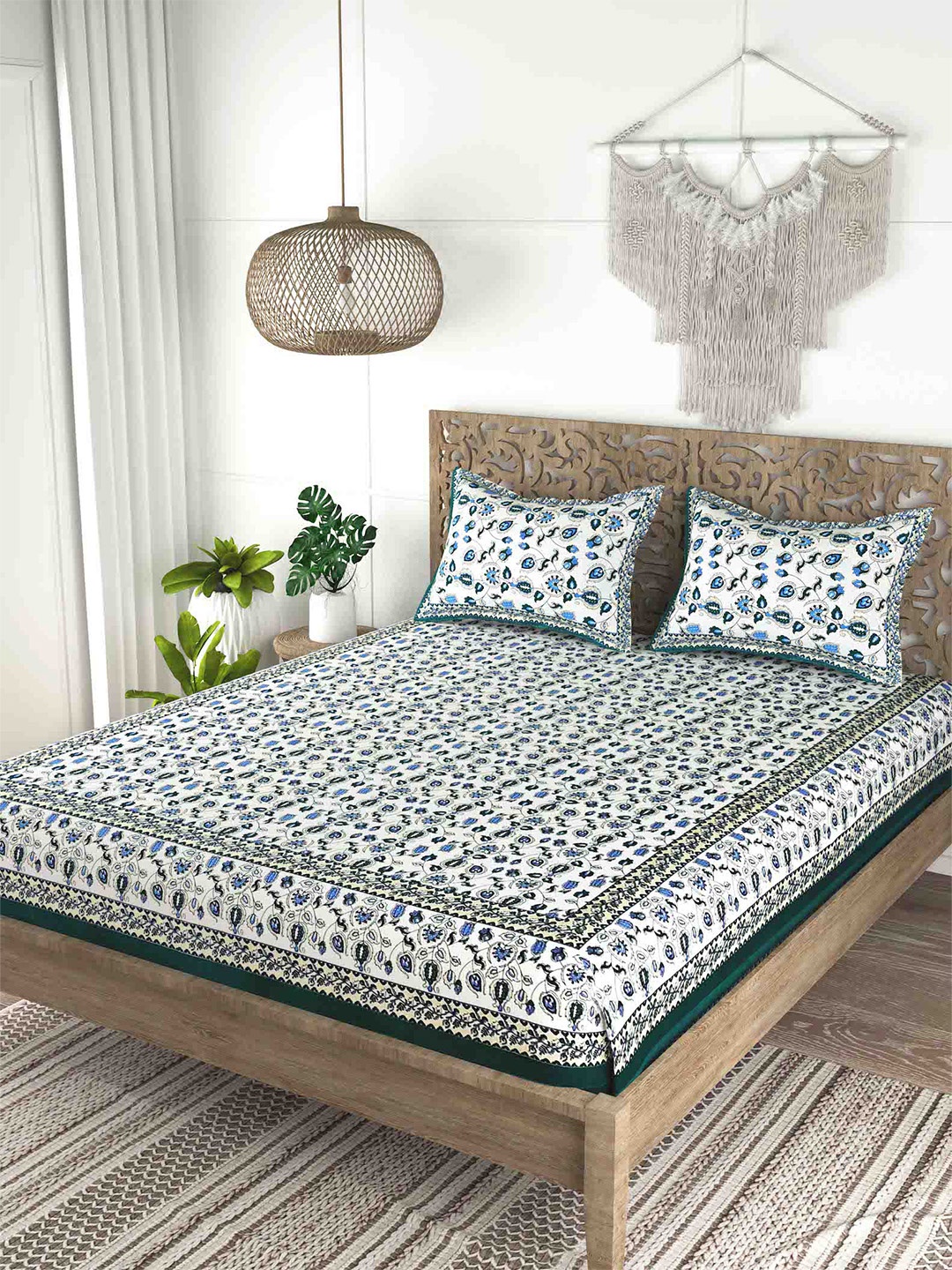 

Gulaab Jaipur Blue Floral Cotton 400 TC King Bedsheet with 2 Pillow Covers, White