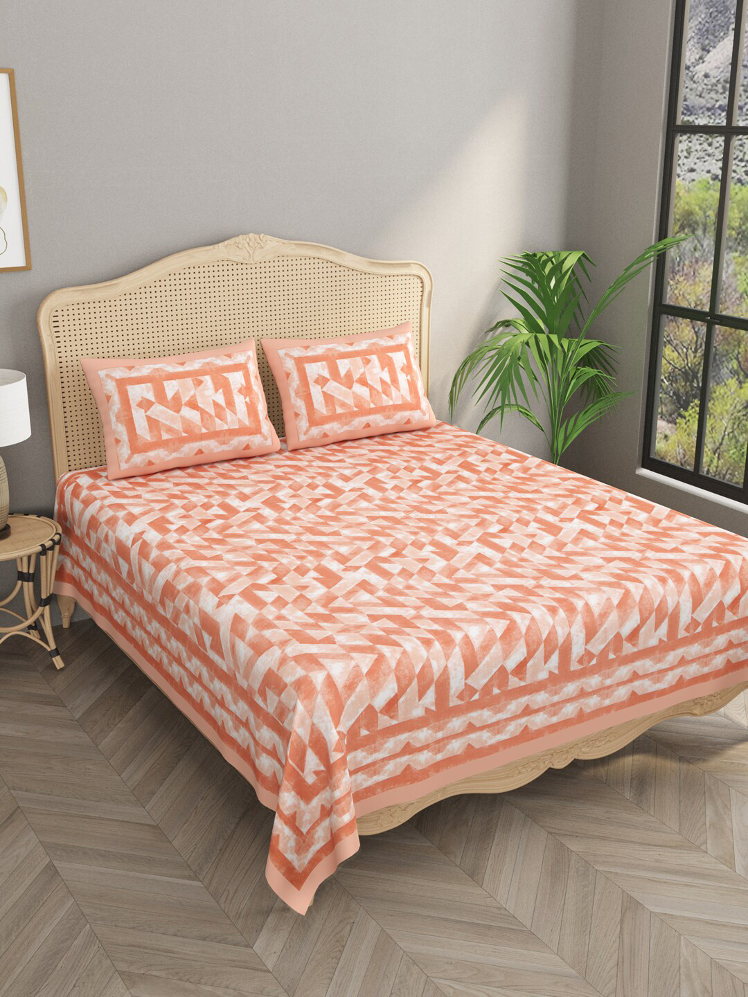 

Gulaab Jaipur Orange Geometric Egyptian Cotton 600 TC King Bedsheet with 2 Pillow Covers
