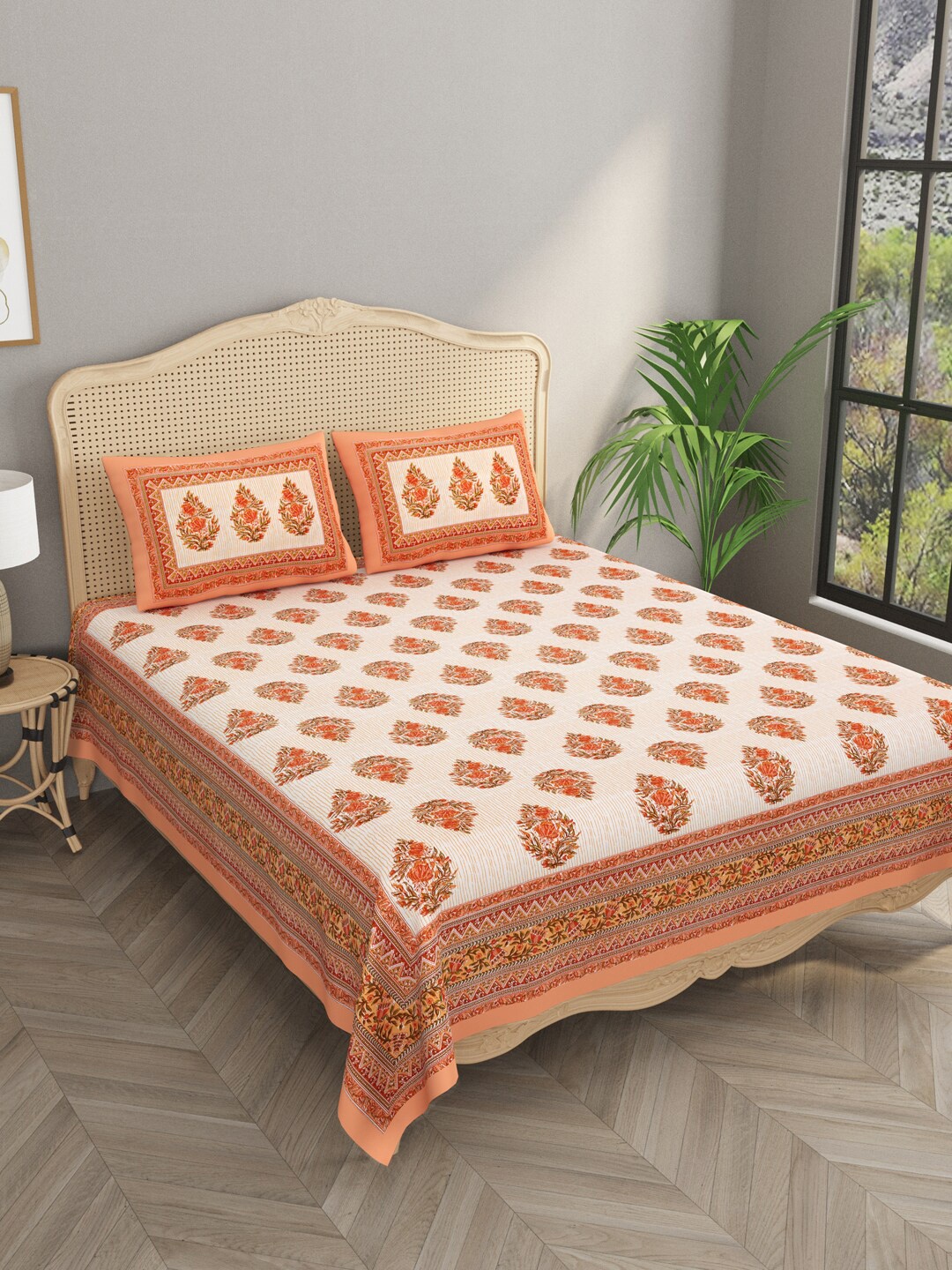 

Gulaab Jaipur Orange Floral Egyptian Cotton 600 TC King Bedsheet with 2 Pillow Covers