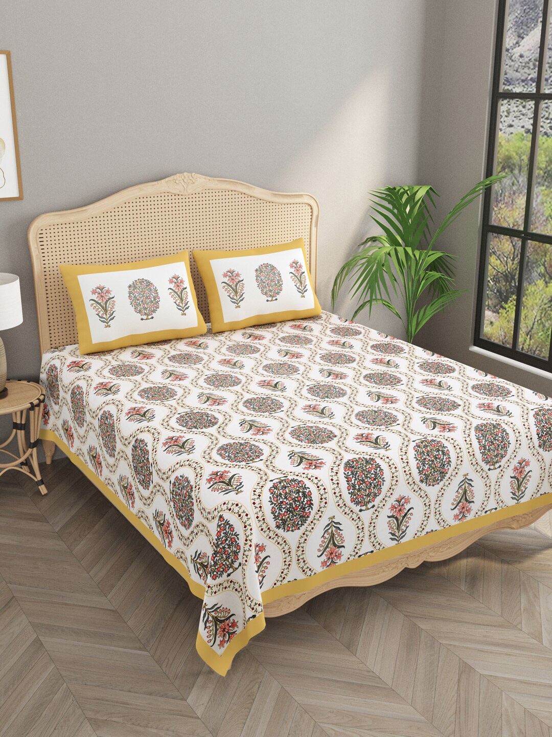 

Gulaab Jaipur Yellow Floral Egyptian Cotton 600 TC King Bedsheet with 2 Pillow Covers, White
