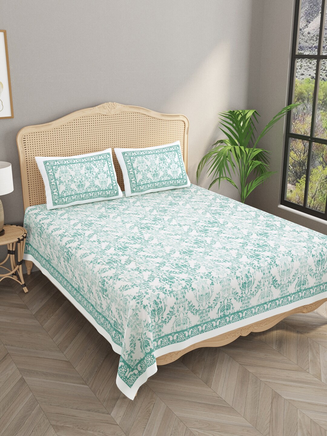 

Gulaab Jaipur Green Ethnic Egyptian Cotton 600 TC King Bedsheet with 2 Pillow Covers