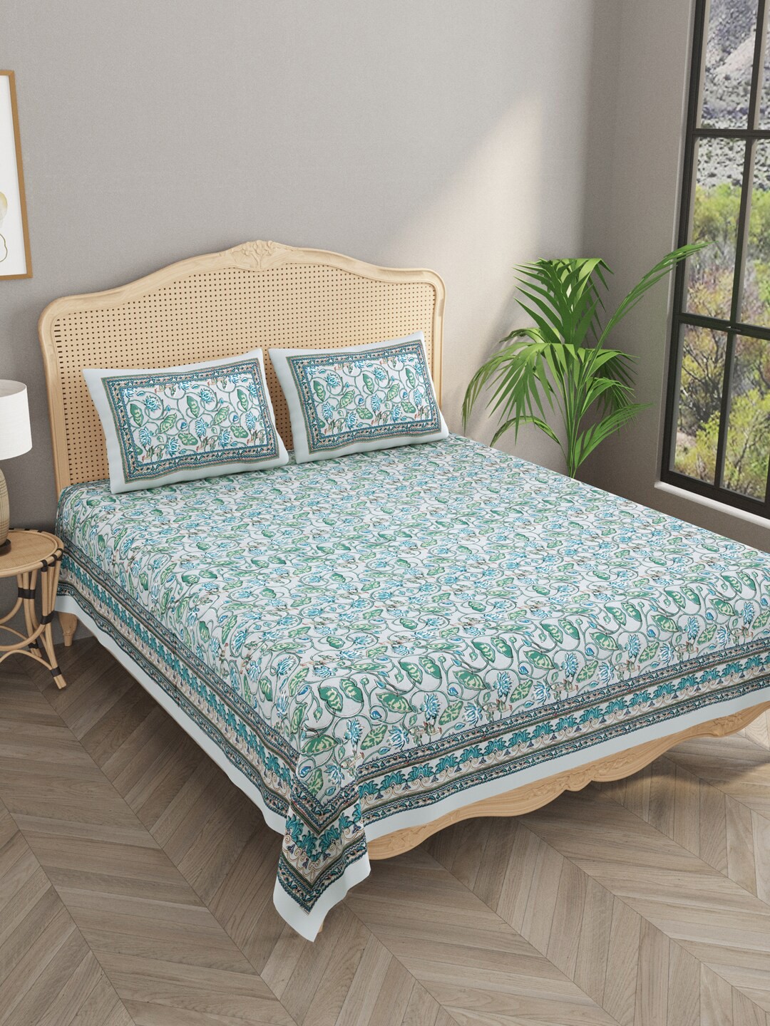 

Gulaab Jaipur Blue Floral Egyptian Cotton 600 TC King Bedsheet with 2 Pillow Covers, White
