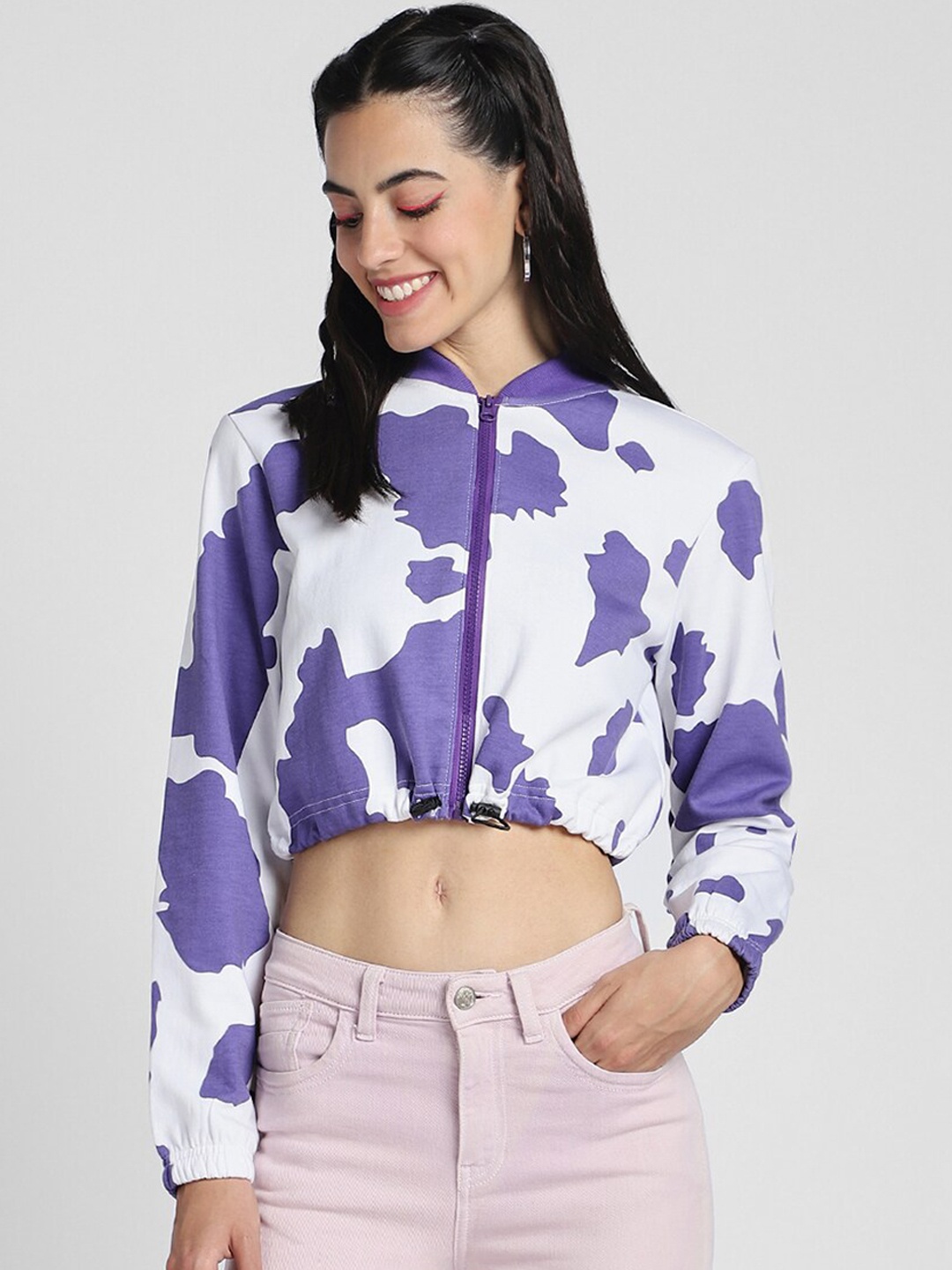 

JUNEBERRY Abstract Printed Fleece Lightweight Crop Bomber Jacket, White