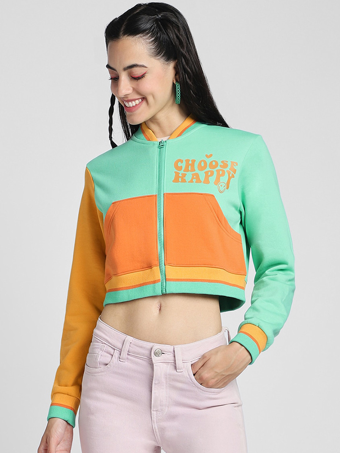 

JUNEBERRY Colourblocked Fleece Lightweight Crop Bomber Jacket, Green