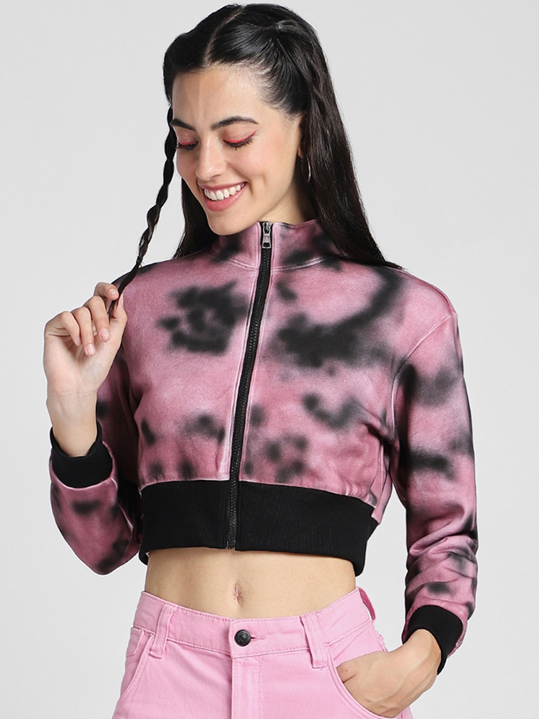 

JUNEBERRY Abstract Printed Stand Collar Fleece Lightweight Crop Bomber Jacket, Magenta