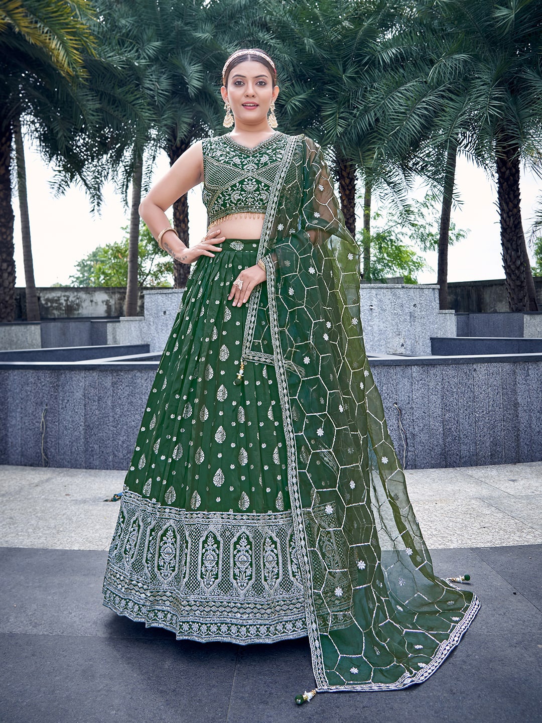 

CHANSI Floral Embroidered V-Neck Ready to Wear Lehenga & Blouse With Dupatta, Green