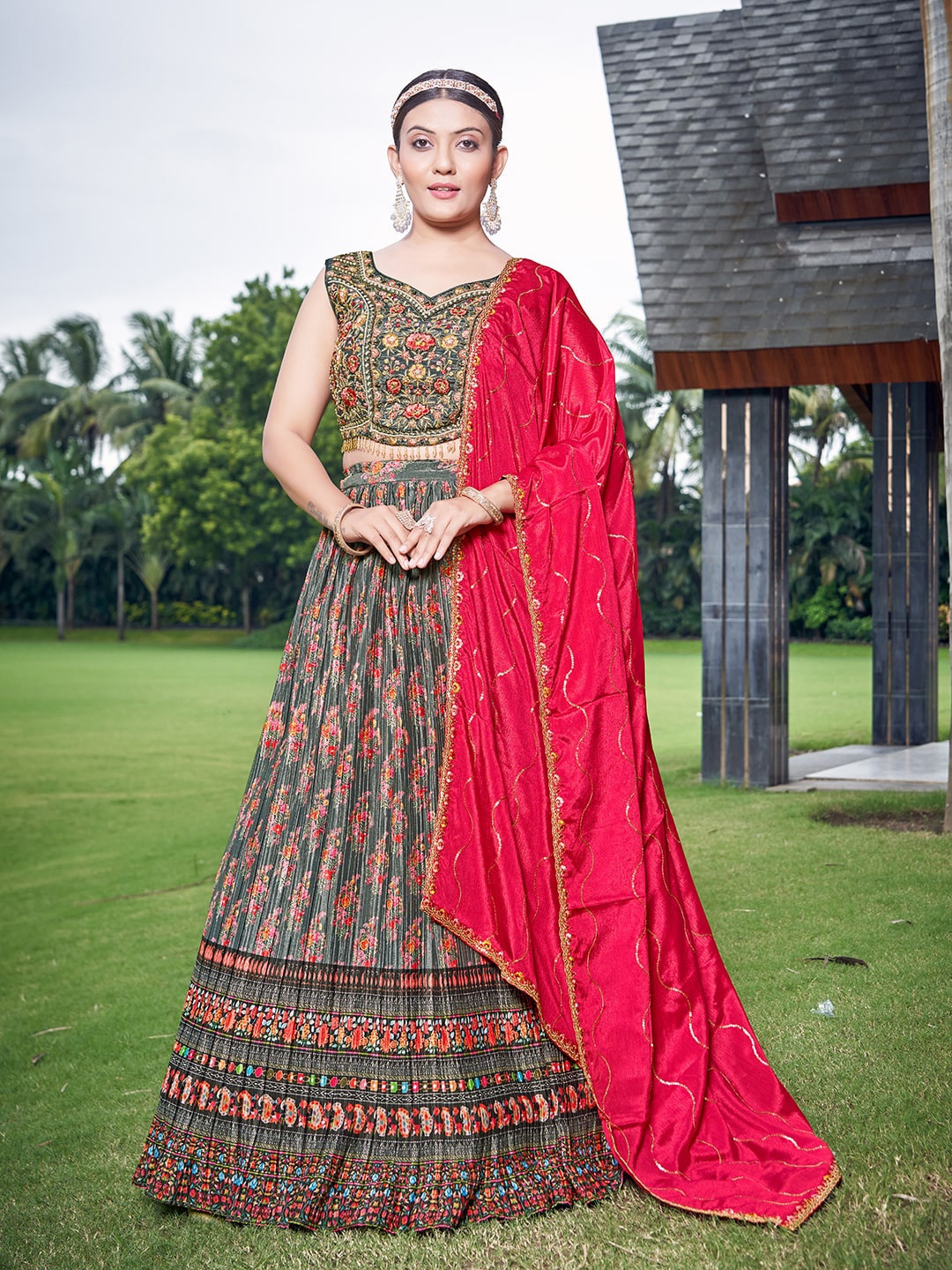 

CHANSI Embroidered Ready To Wear Lehenga & Blouse With Dupatta, Grey