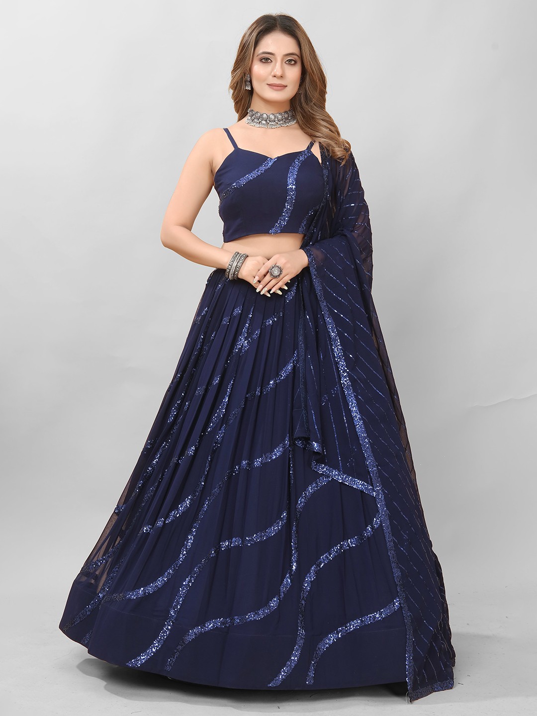 

CHANSI Embellished Sequinned Ready to Wear Lehenga & Blouse With Dupatta, Navy blue