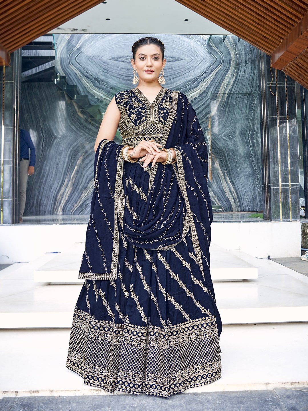 

CHANSI Embroidered Ready to Wear Lehenga & Blouse With Dupatta, Navy blue