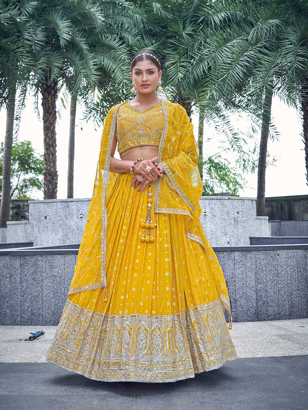 

CHANSI Embroidered Sequinned Ready to Wear Lehenga & Blouse With Dupatta, Yellow