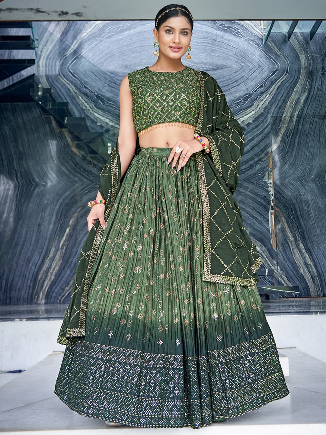 

CHANSI Printed Mukaish Ready to Wear Lehenga & Blouse With Dupatta, Green