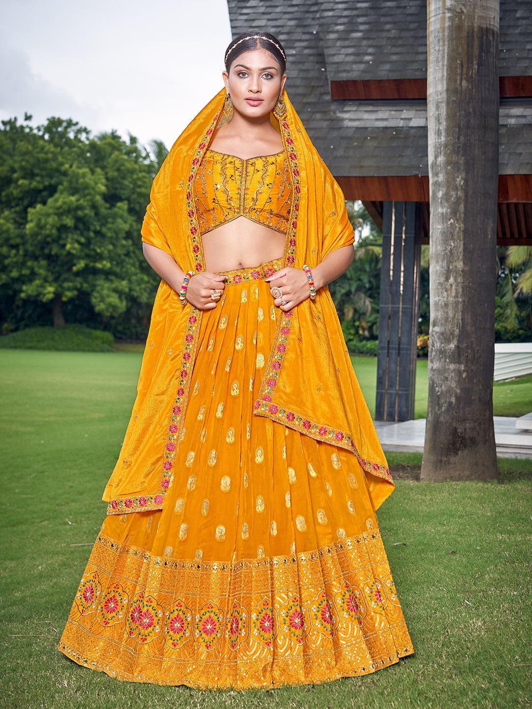 

CHANSI Ethnic Motifs Embellished Ready to Wear Lehenga & Blouse With Dupatta, Orange