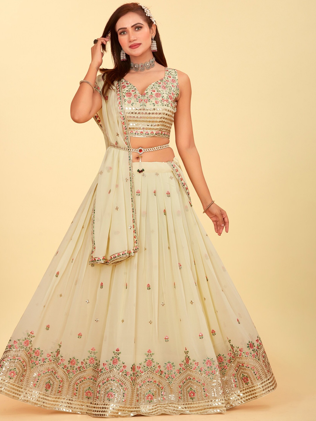 

CHANSI Embroidered Ready To Wear Lehenga & Blouse With Dupatta, Off white