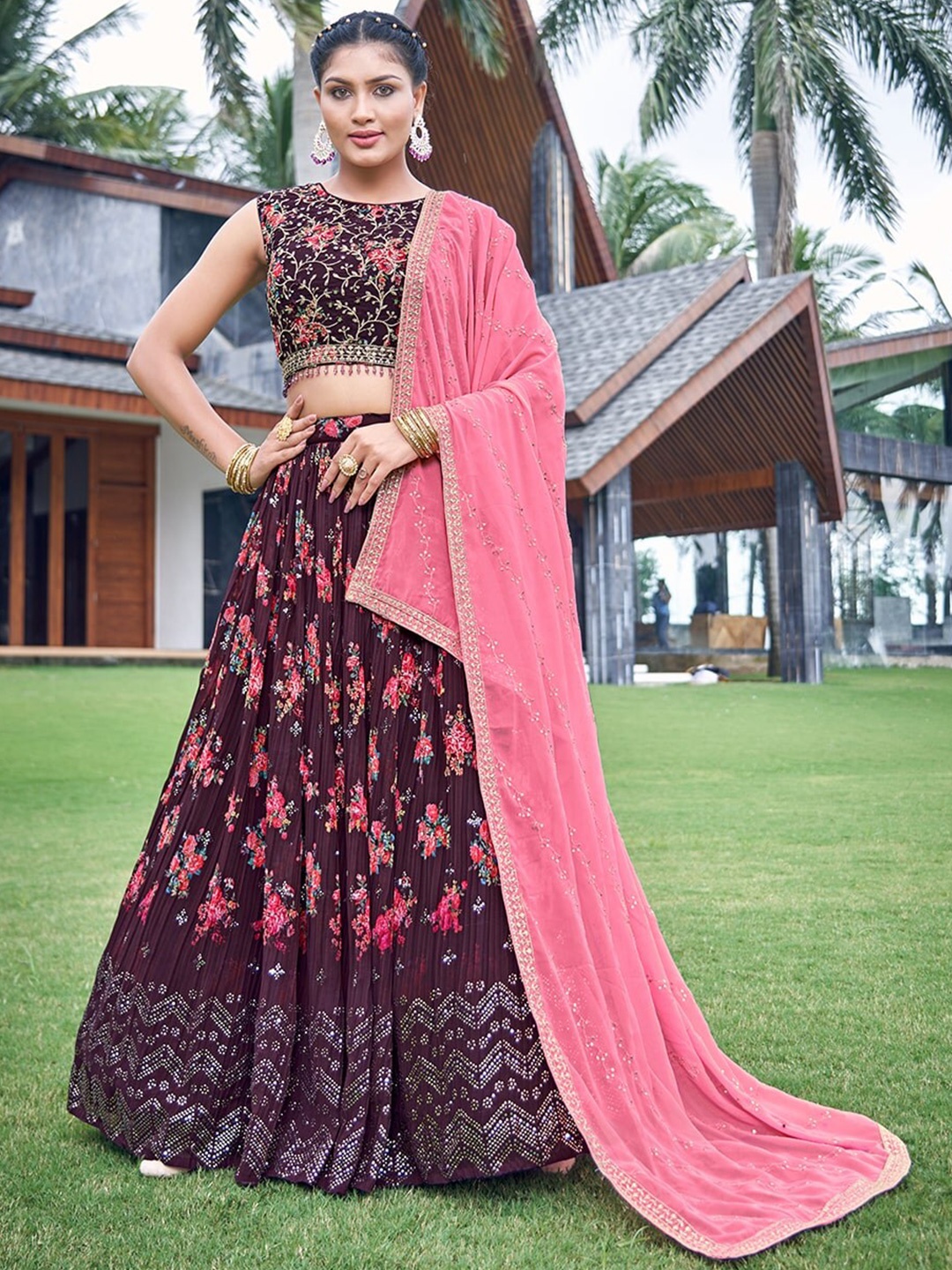 

CHANSI Brown Embroidered Mukaish Ready to Wear Lehenga & Blouse With Dupatta