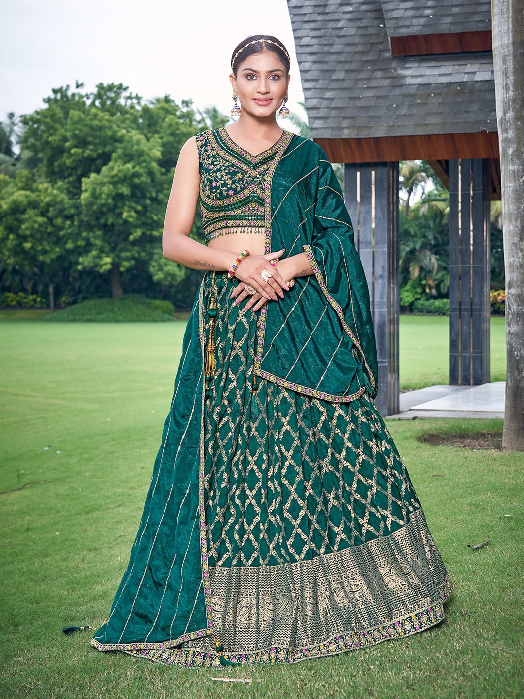 

CHANSI Embroidered Mirror Work Ready to Wear Lehenga & Blouse With Dupatta, Green