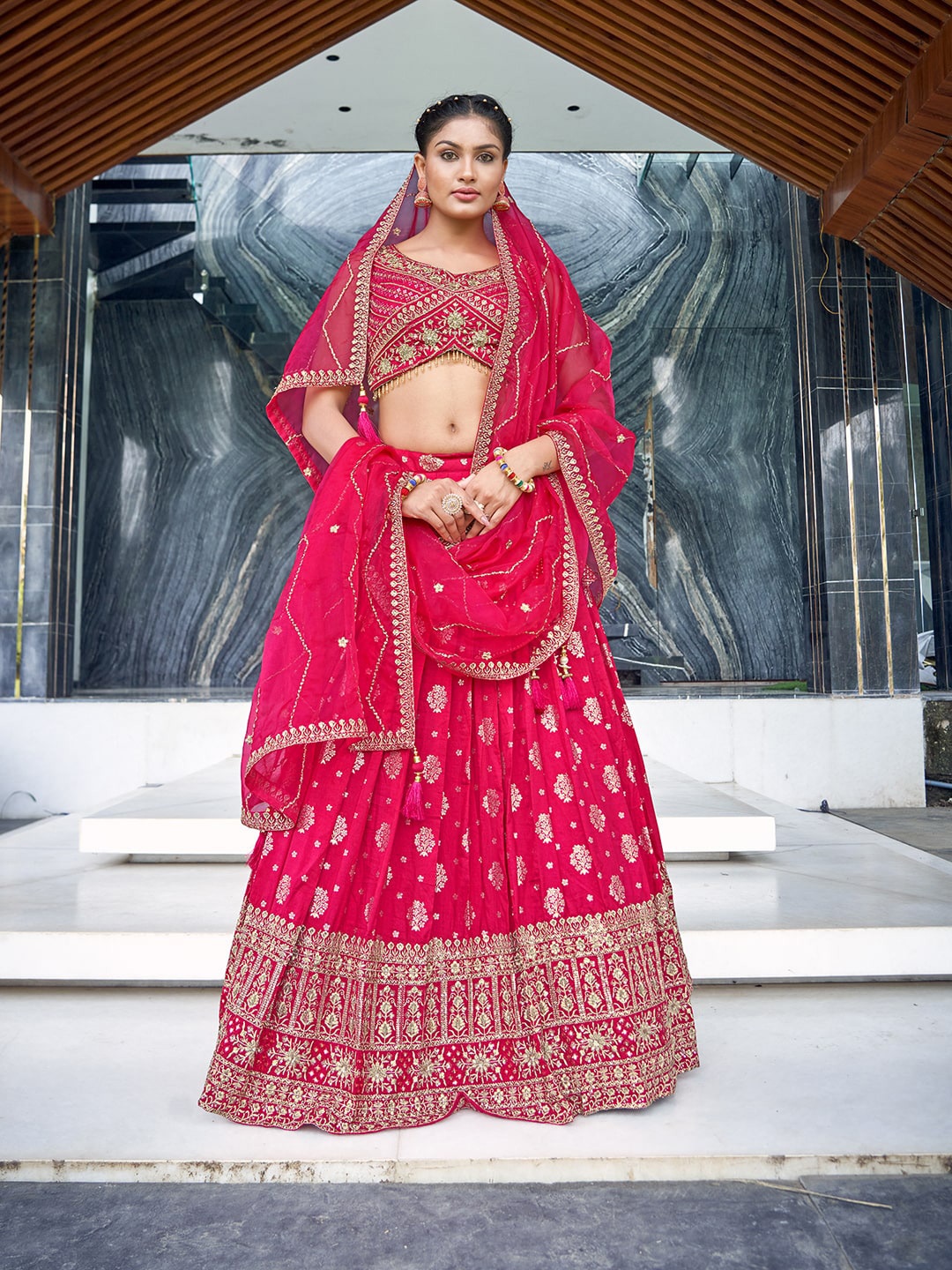 

CHANSI Embroidered Thread Work Ready To Wear Lehenga & Blouse With Dupatta, Pink