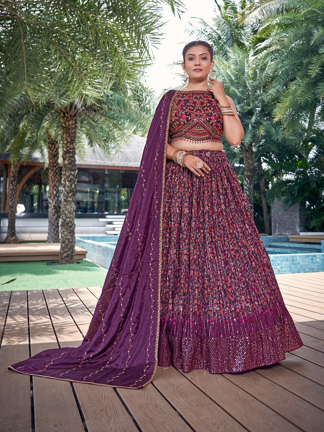 

CHANSI Embroidered Mukaish Ready to Wear Lehenga & Blouse With Dupatta, Burgundy