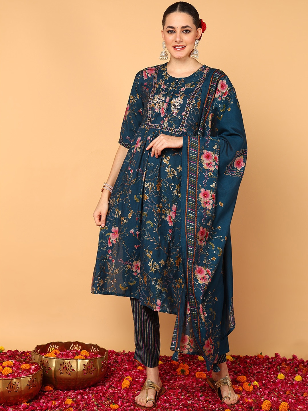 

AHIKA Floral Printed Thread Work Anarkali Kurta & Trousers With Dupatta, Teal
