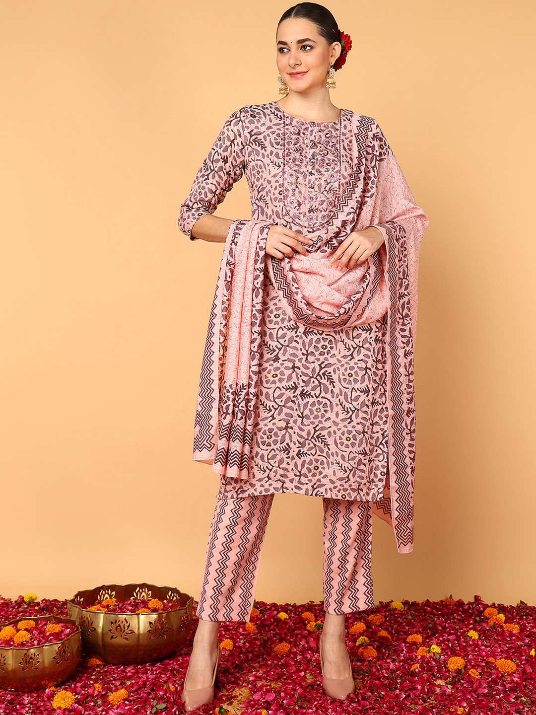 AHIKA Floral Printed Straight Thread Work Kurta with Trousers & Dupatta, Pink