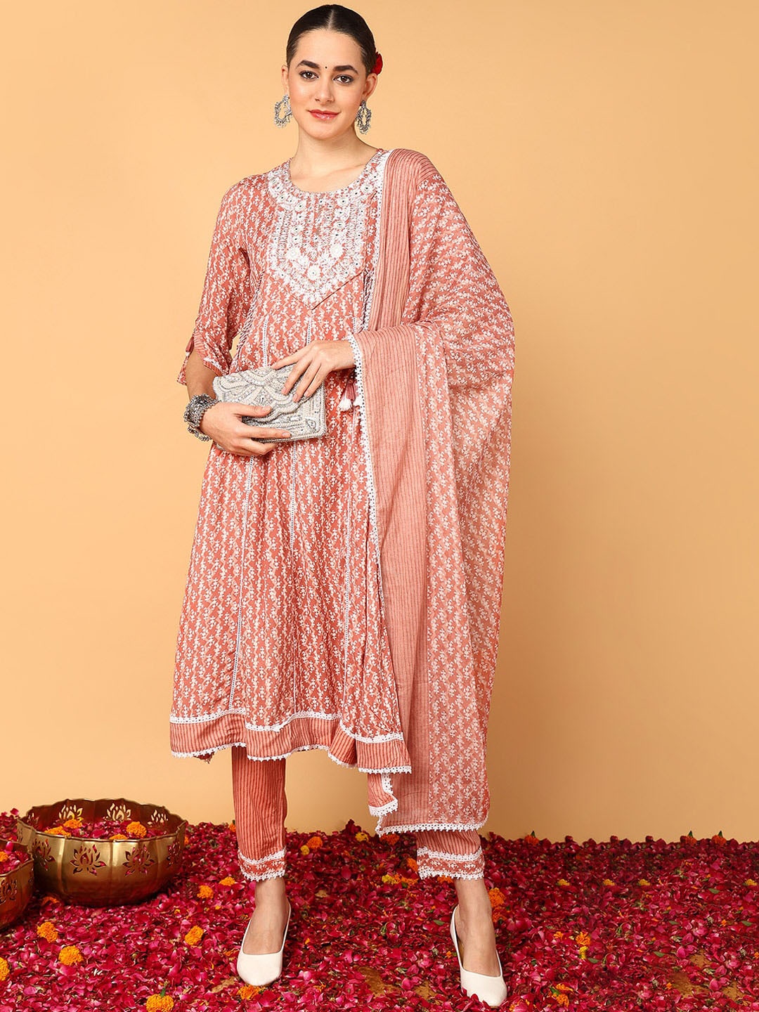 

AHIKA Ethnic Motifs Printed Empire Mirror Work Kurta with Trousers & Dupatta, Orange