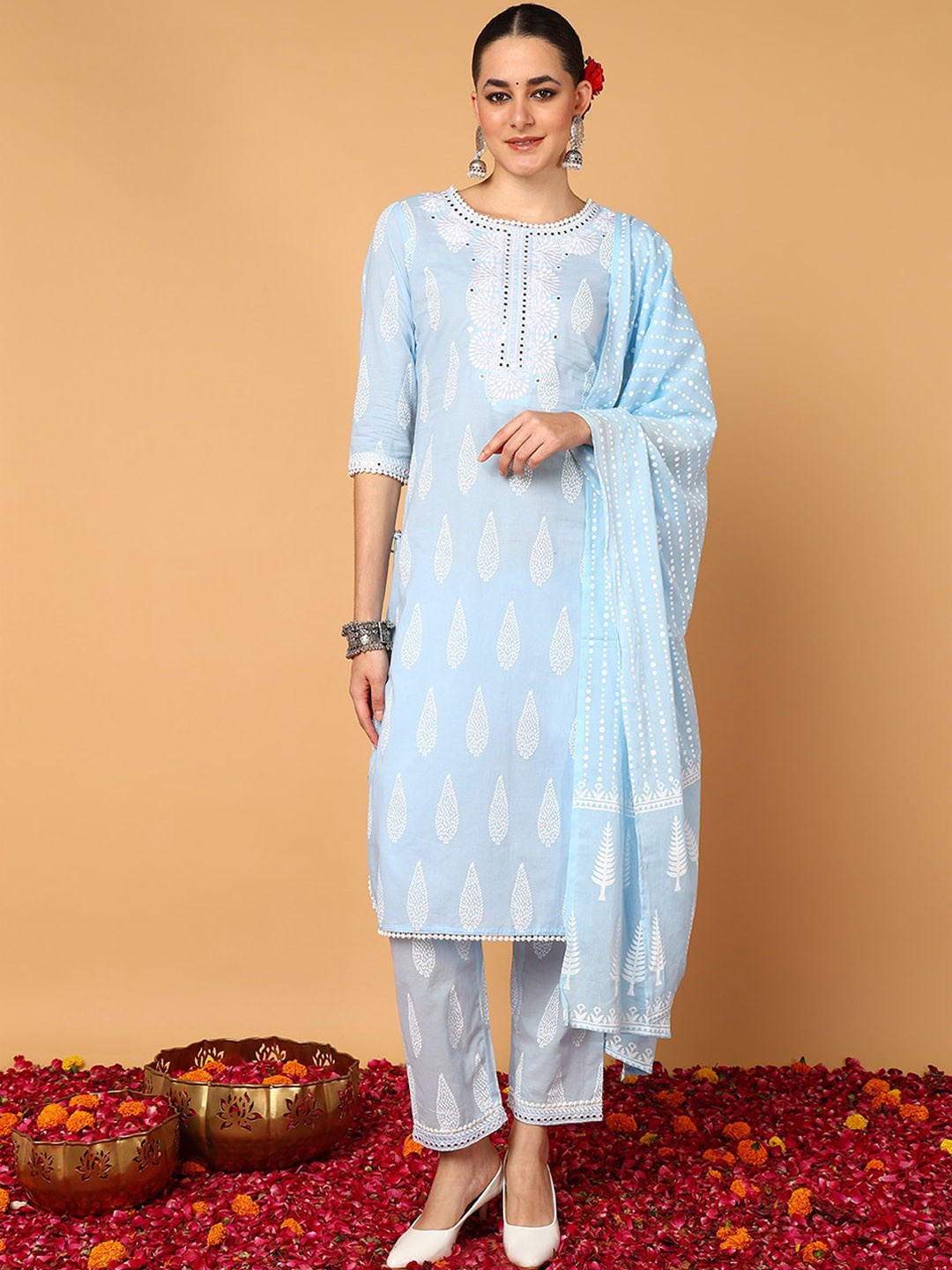 

AHIKA Ethnic Motifs Printed Mirror Work Pure Cotton Kurta with Trousers & Dupatta, Blue