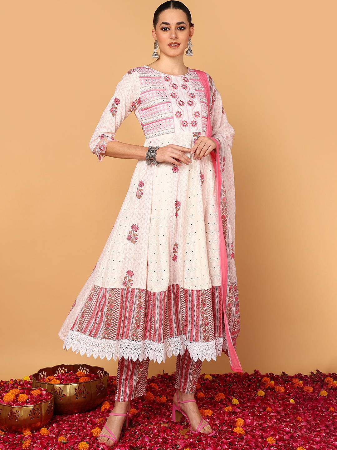 

AHIKA Ethnic Motifs Printed Mirror Work Pure Cotton Anarkali Kurta & Trousers With Dupatta, White