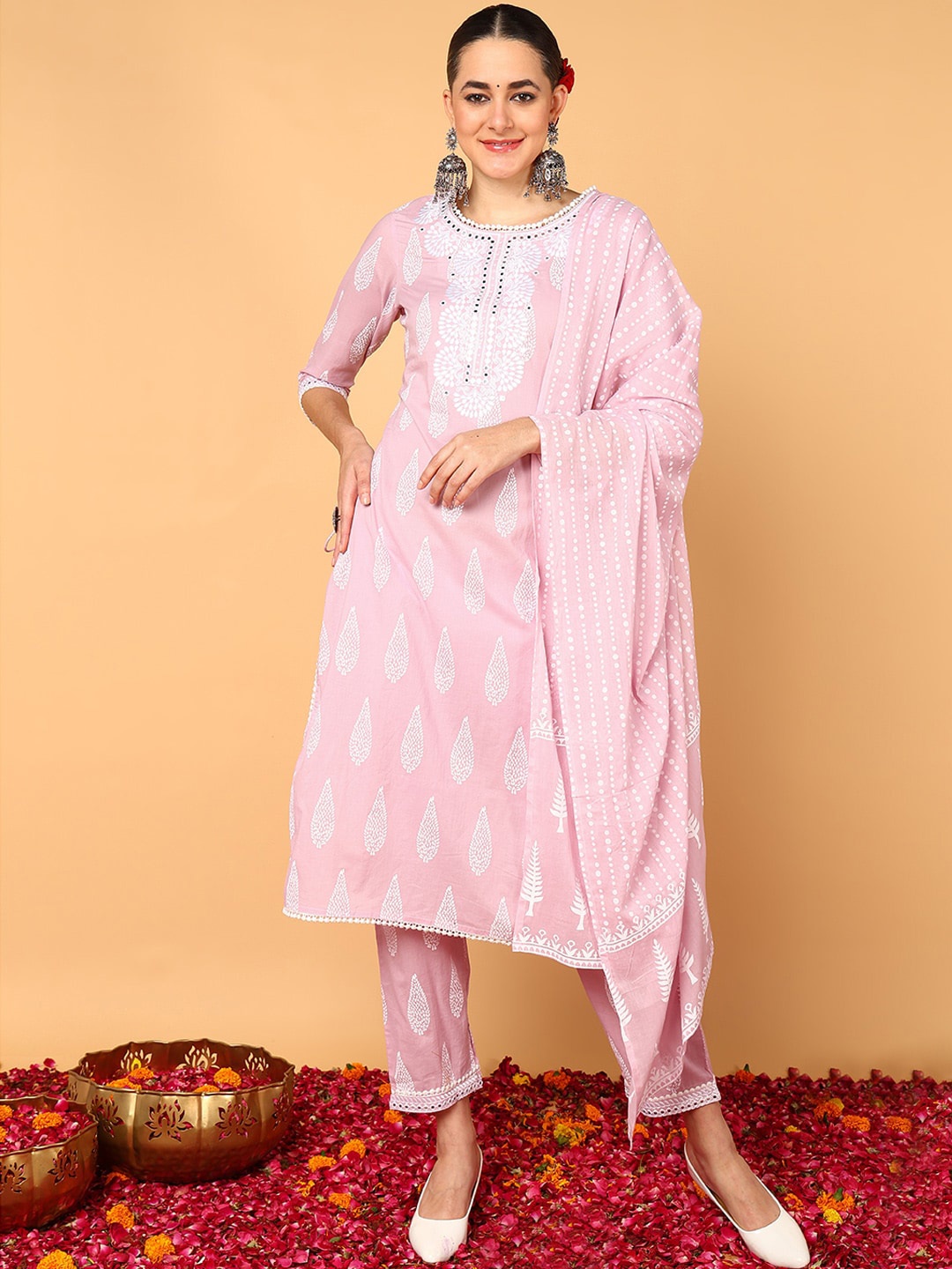 

AHIKA Ethnic Motifs Printed Mirror Work Pure Cotton Kurta with Trousers & Dupatta, Pink